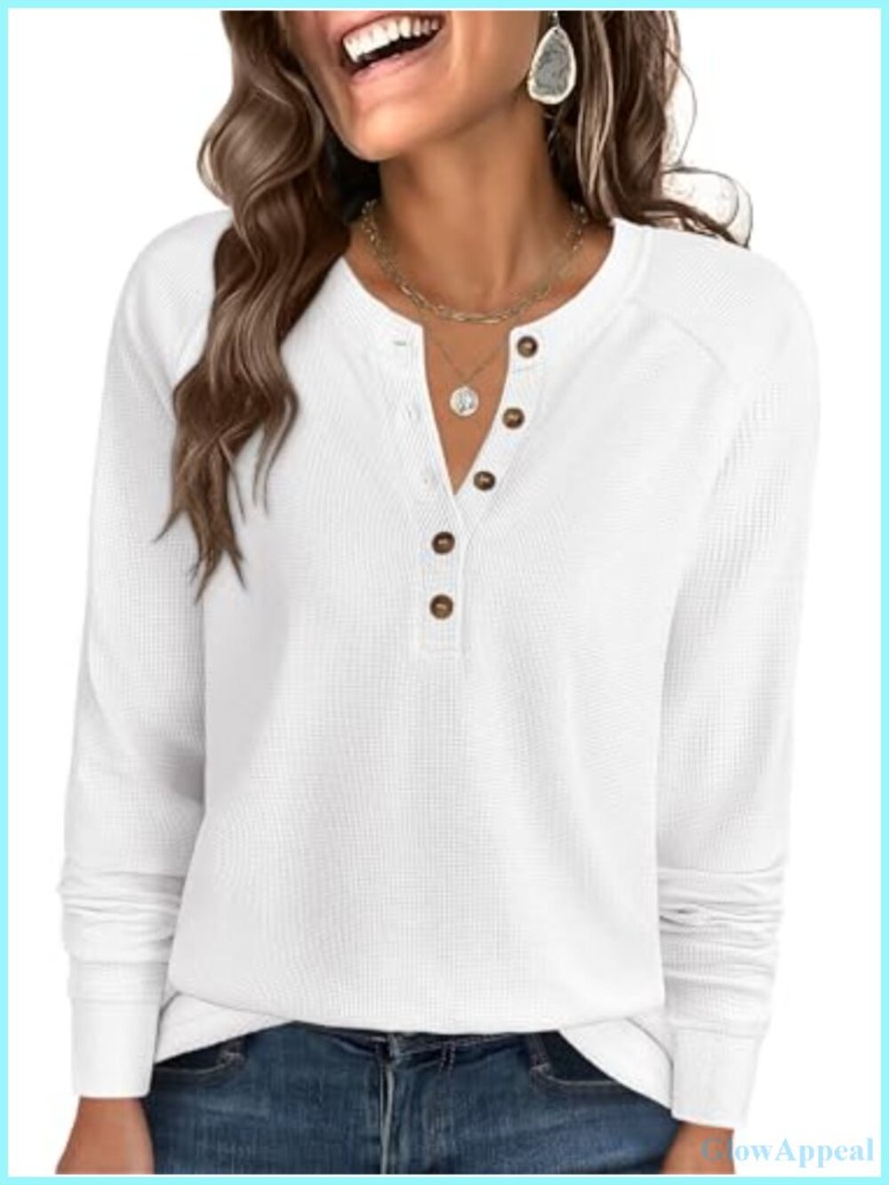 Waffle Knit Henley Top Long Sleeve Loose Fit Casual